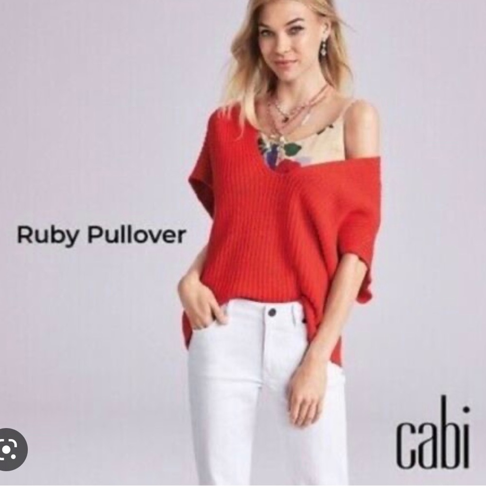 Cabi #5837 Oversized Knit Ruby Pullover Short Sleeve Red/Orange
